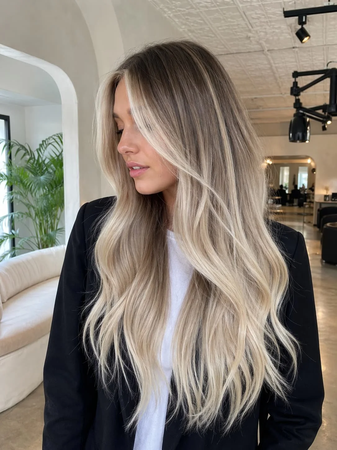 Long blonde balayage with a soft dark root, styled in waves