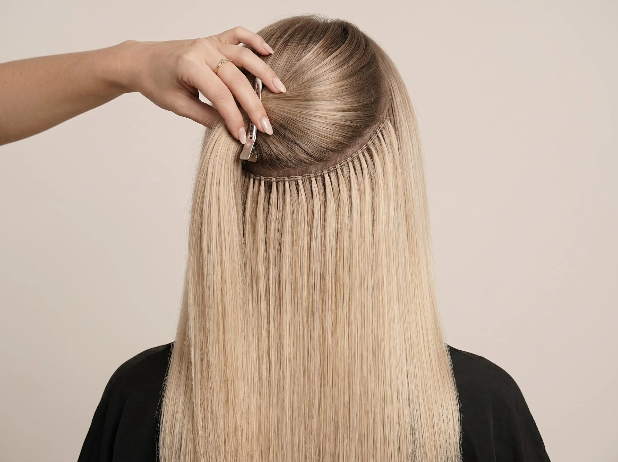 Stylist holding up long, straight blonde hair to show extensions