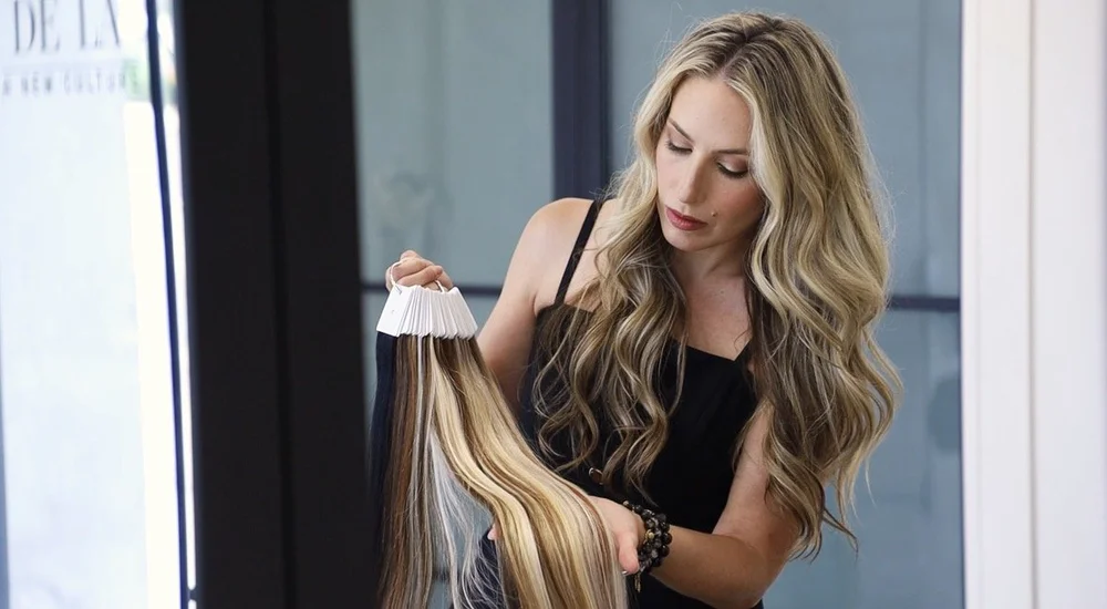 Cindy Stirling holding custom hair extensions