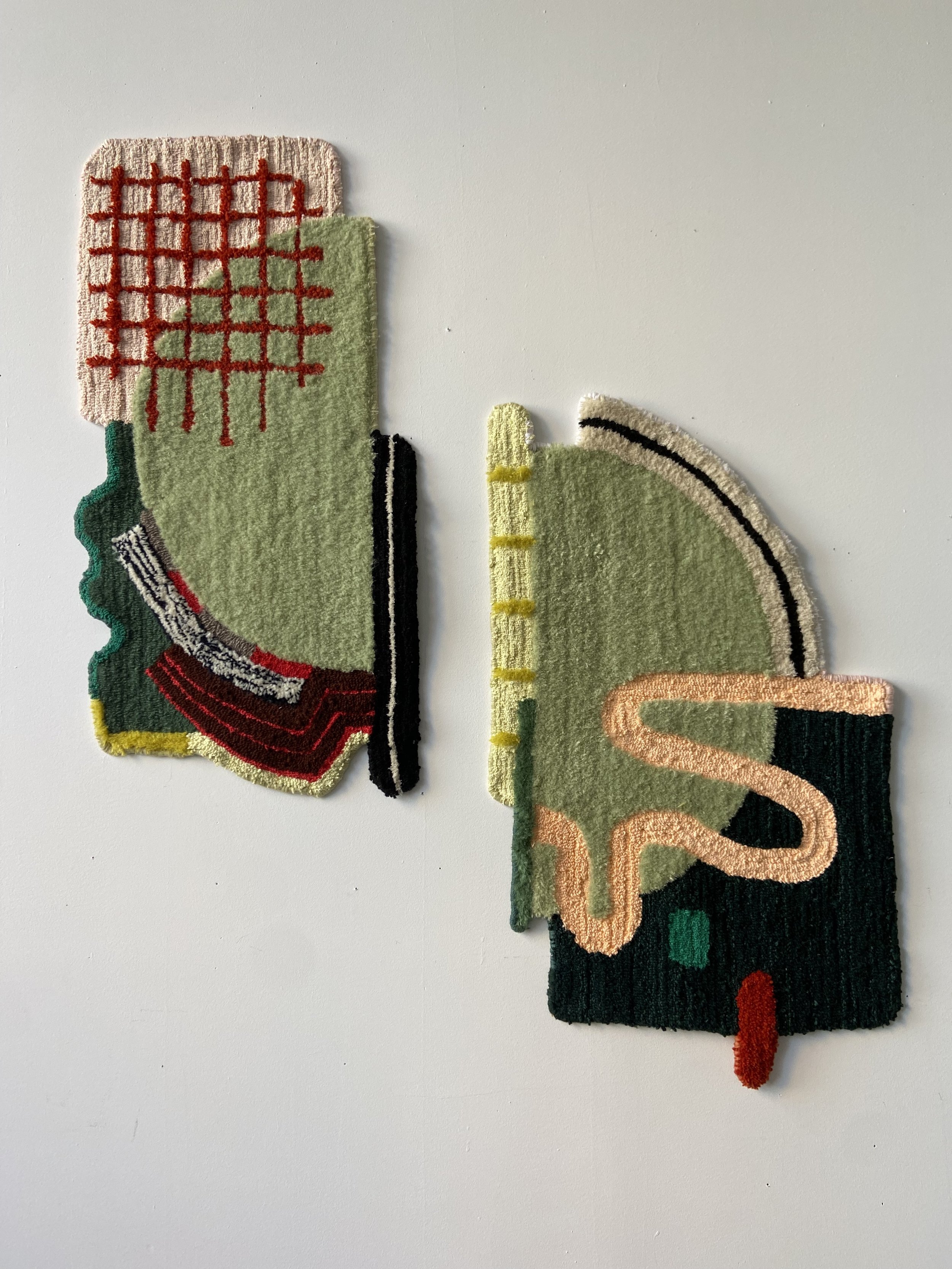 Patchwork Halves of Light
Left: 18.5 x 36 in / Right: 21.5 x 35 in
Wool, cotton, mohair, misc. collected fiber
2022