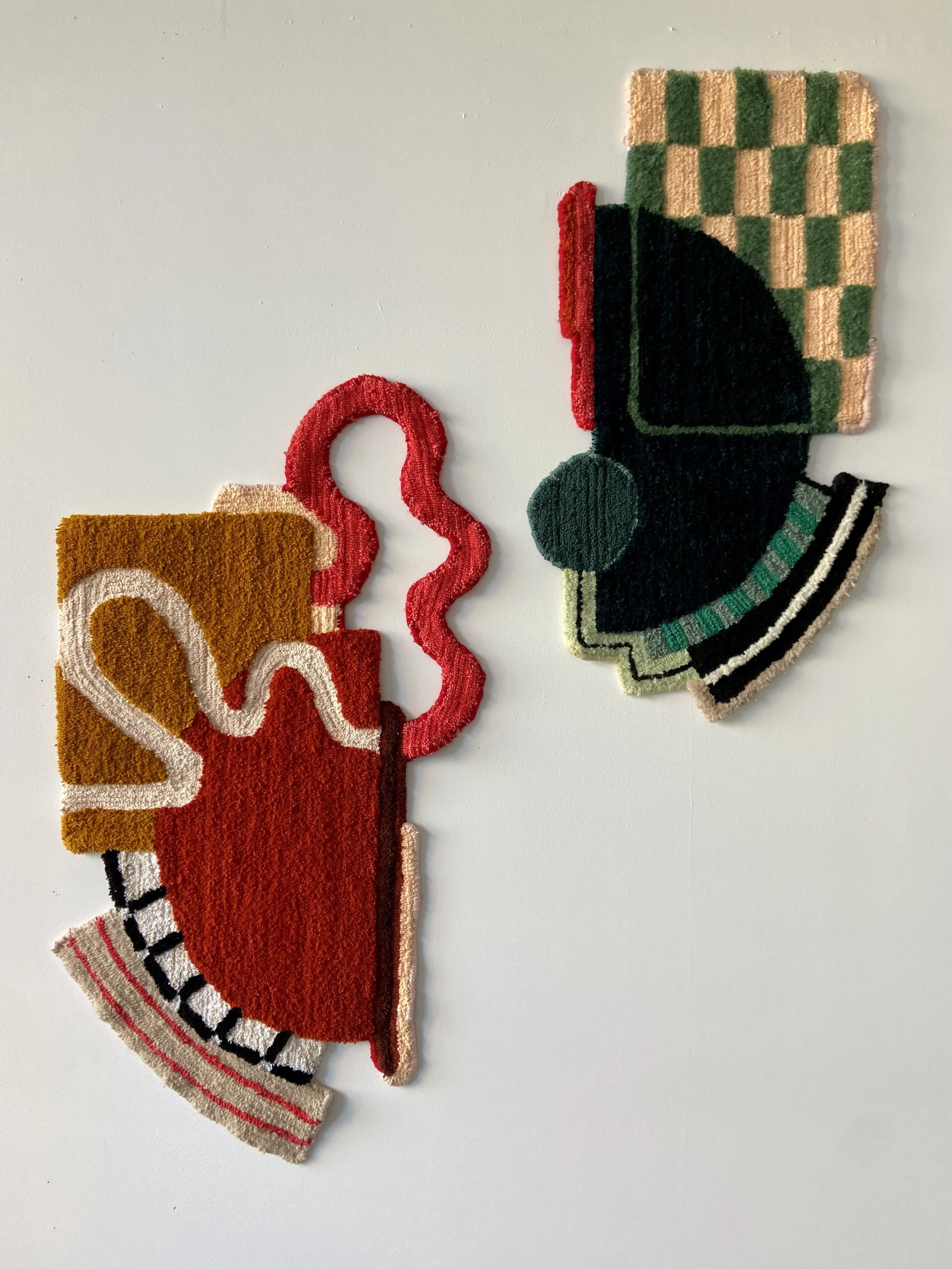 Dissolving / Meeting at the Fault Lines
Left: 25 x 47 in / Right: 21 x 37 in
Wool, cotton, mohair, misc. collected fiber
2022