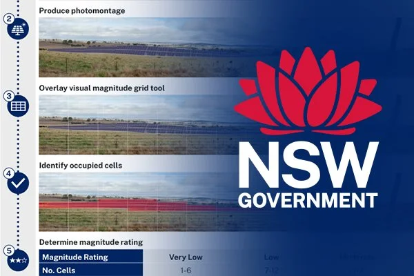 A guide for producing photomontages of farmland, showing overlay of visual magnitude grid tool, identification of occupied cells, and magnitude rating scale with NSW Government logo.