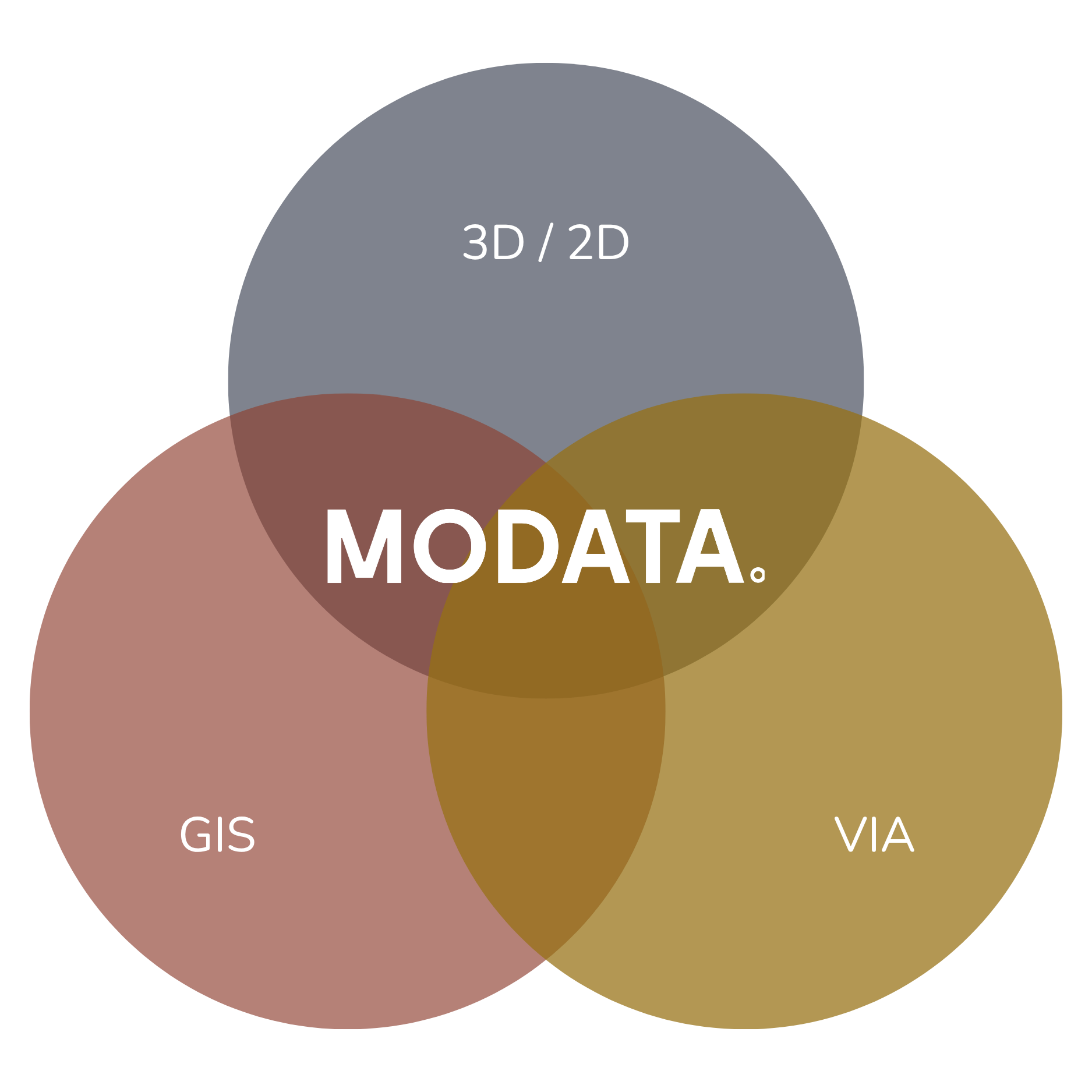 A Venn diagram showing the overlap of spatial data types: 3D/2D, GIS, MODETA, and VIA.