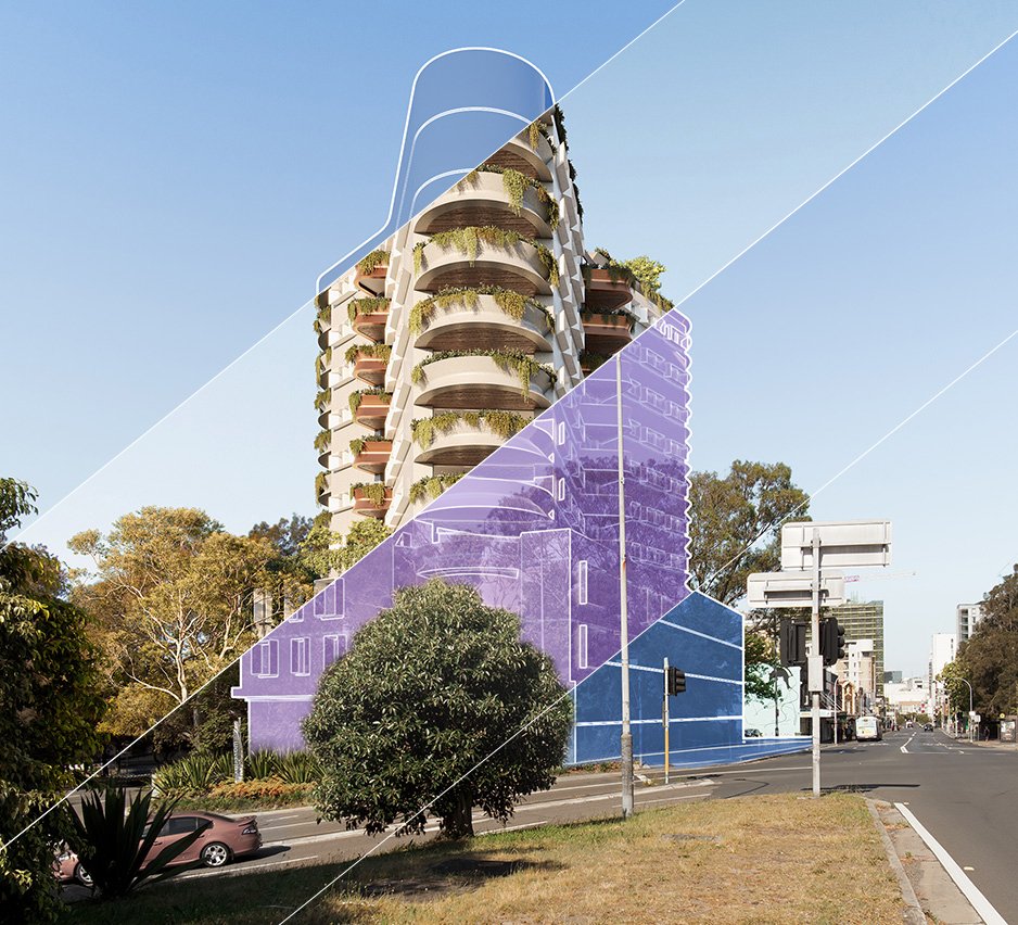 A tall modern building with curved balconies and greenery on each level, overlaid with architectural line drawings, standing next to a street with trees, traffic lights, and vehicles under a clear blue sky.