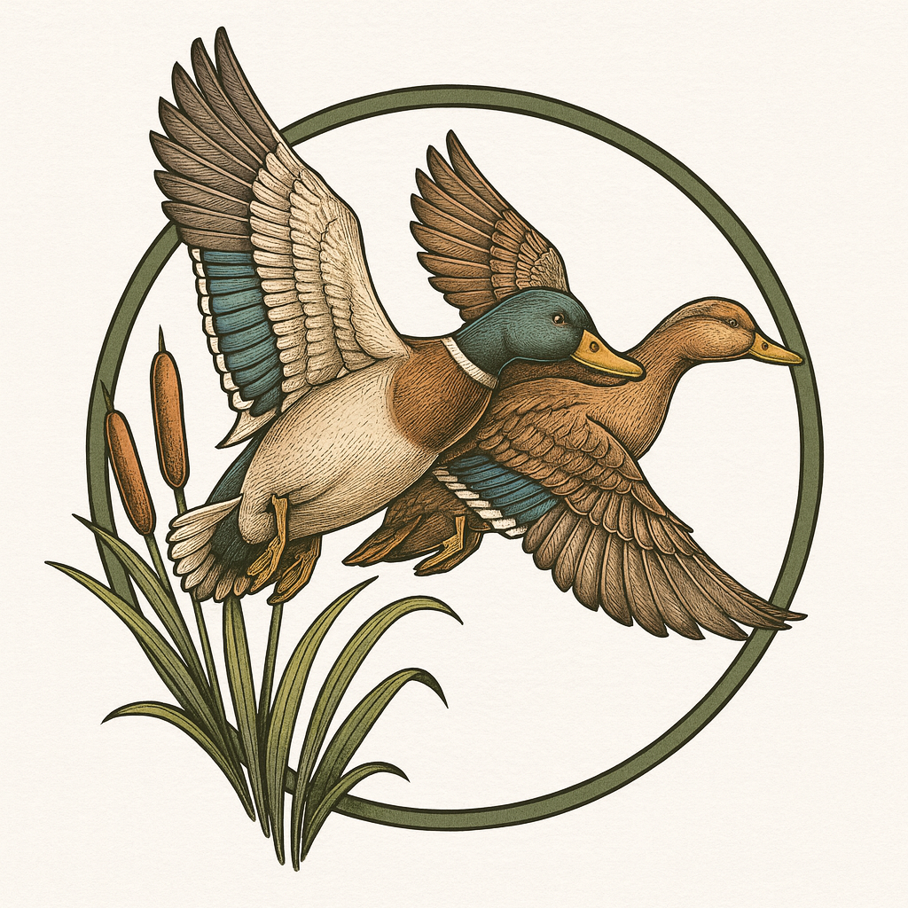 Vintage-style illustration of two ducks flying, with cattails and grass in the foreground, inside a green circular border.