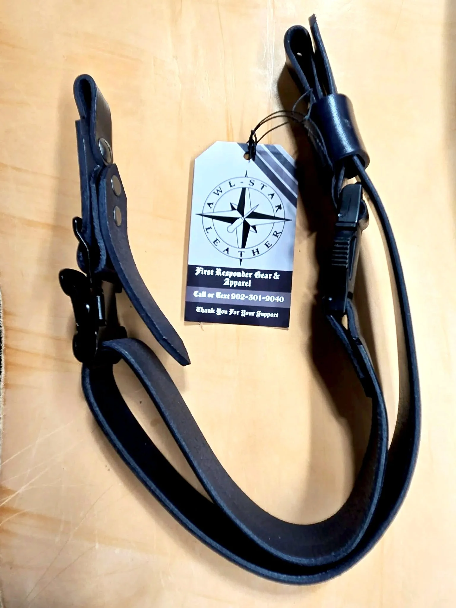 Handcrafted Awl Star Leather firefighter helmet chin strap with adjustable leather strap and quick-release buckle.