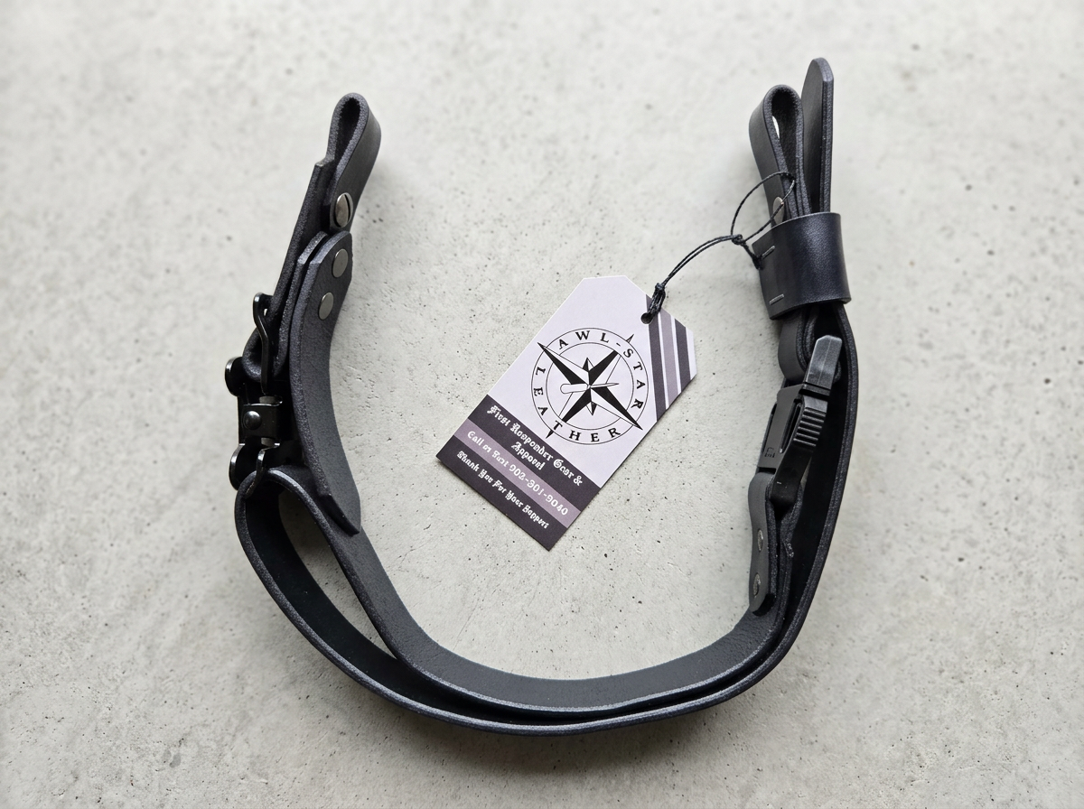 Awl Star Leather handcrafted black leather firefighter helmet chin strap with adjustable hardware.