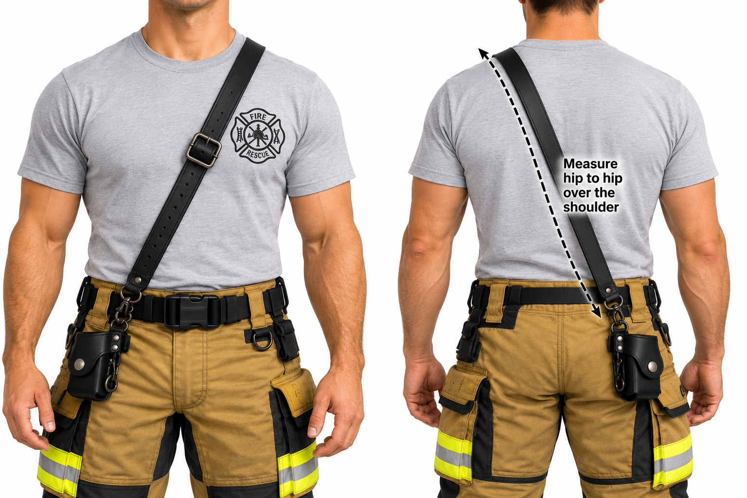 Firefighter wearing an Awl Star Leather radio harness, shown from the front and back.
