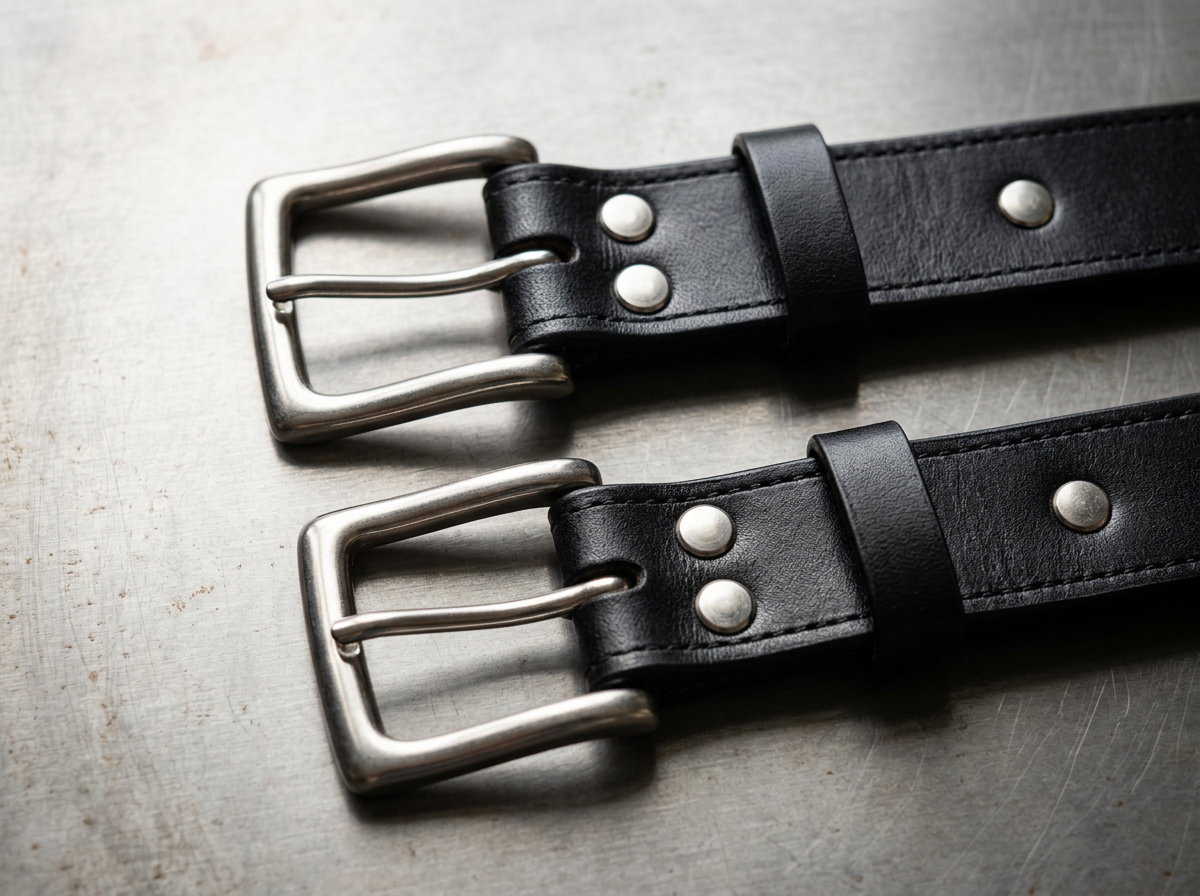 Close-up of two Awl Star Leather radio harness straps showing black leather, buckles and hardware.
