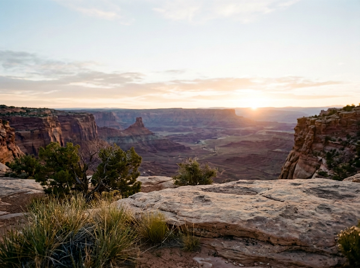 Sunset over the Grand Canyon with rocky foreground, sparse desert vegetation, and layered canyon walls in the distance.