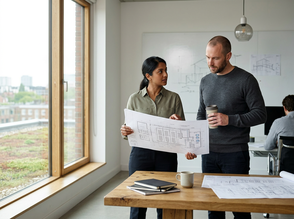Two people, a woman and a man, discussing architectural plans in an office with large windows and city view, with a whiteboard and other people working in the background.