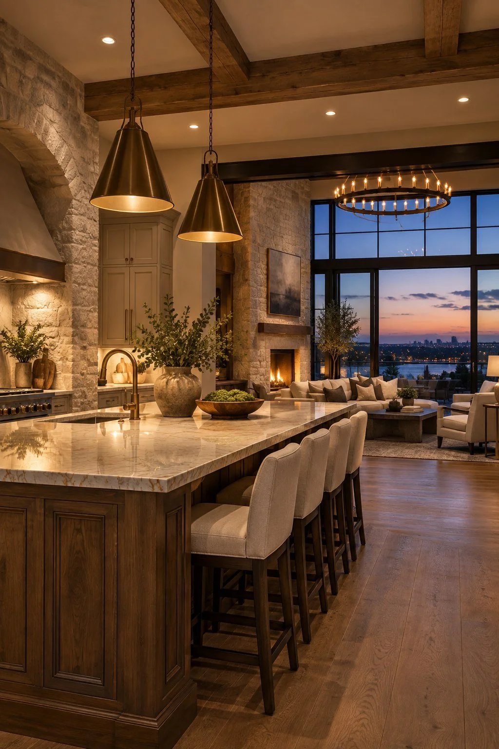 Warm pendant and recessed lighting in a luxury custom home