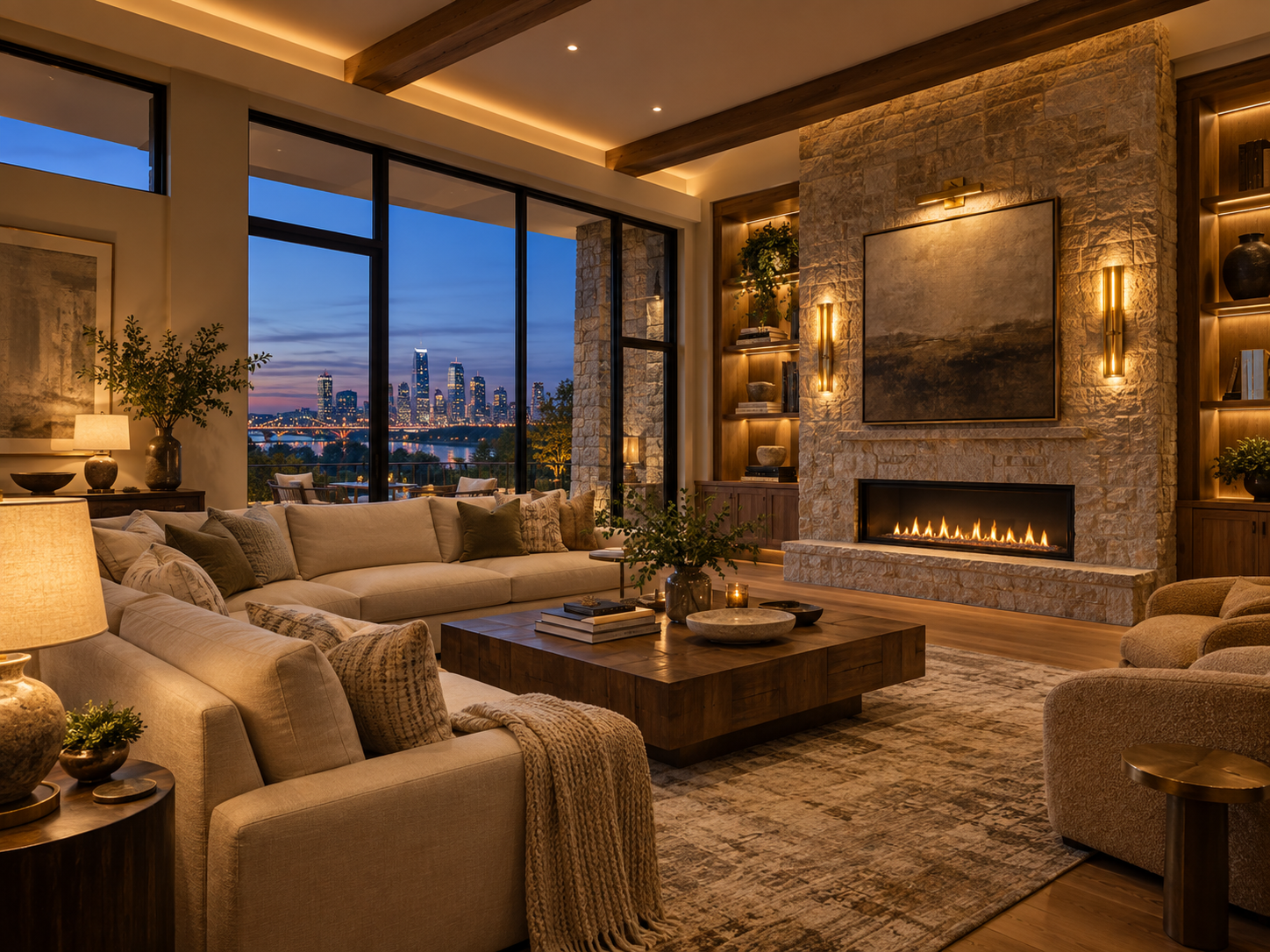 Warm architectural lighting in a luxury living room at dusk