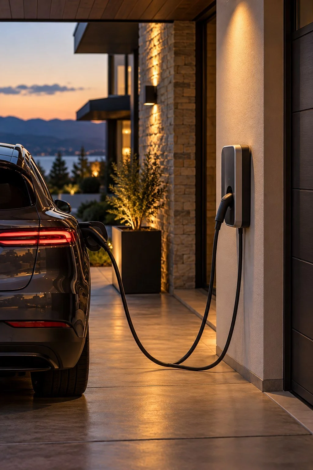 Home EV charger beside a vehicle under warm exterior lighting