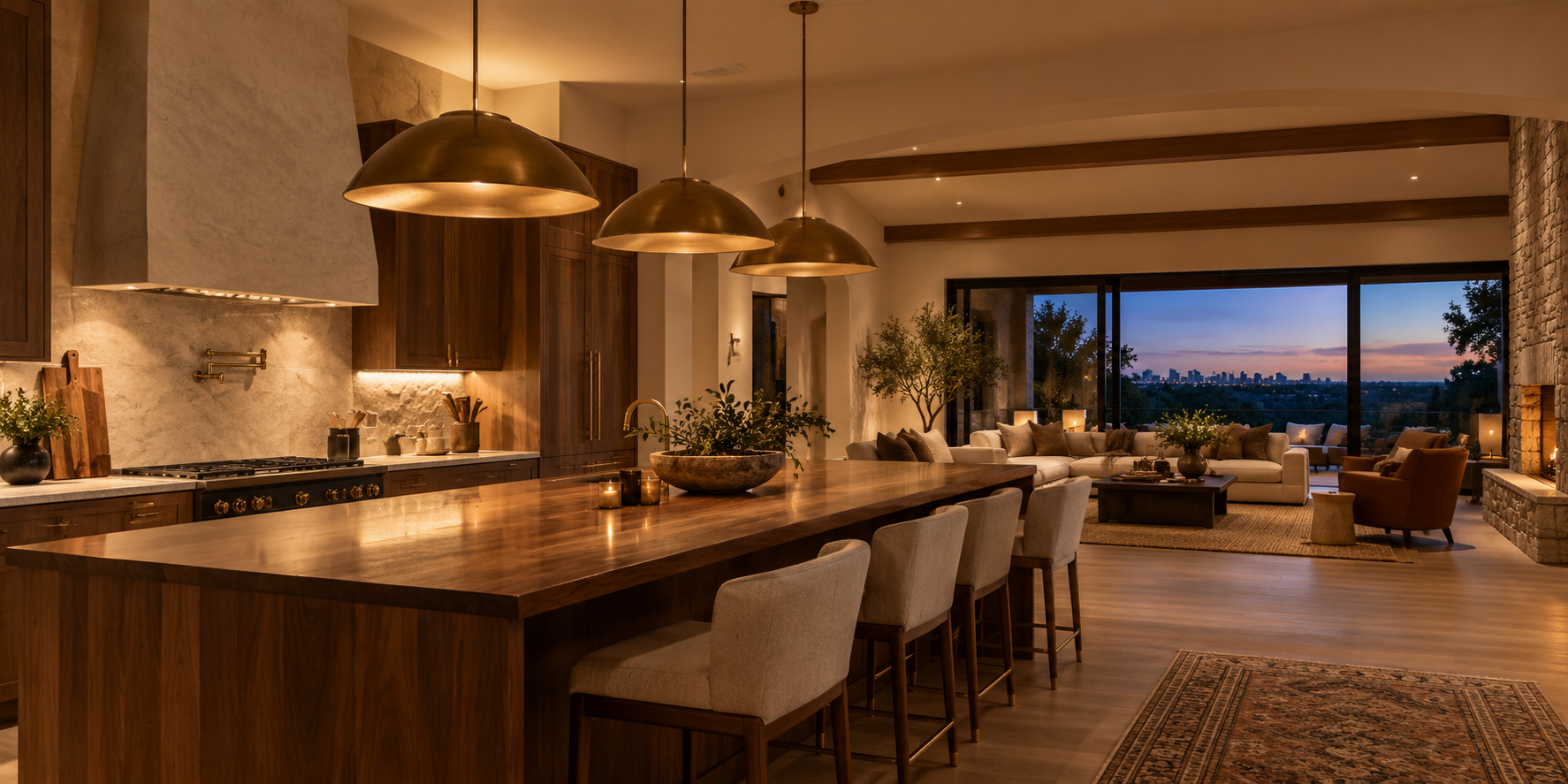 Warmly lit contemporary Nashville home interior at dusk