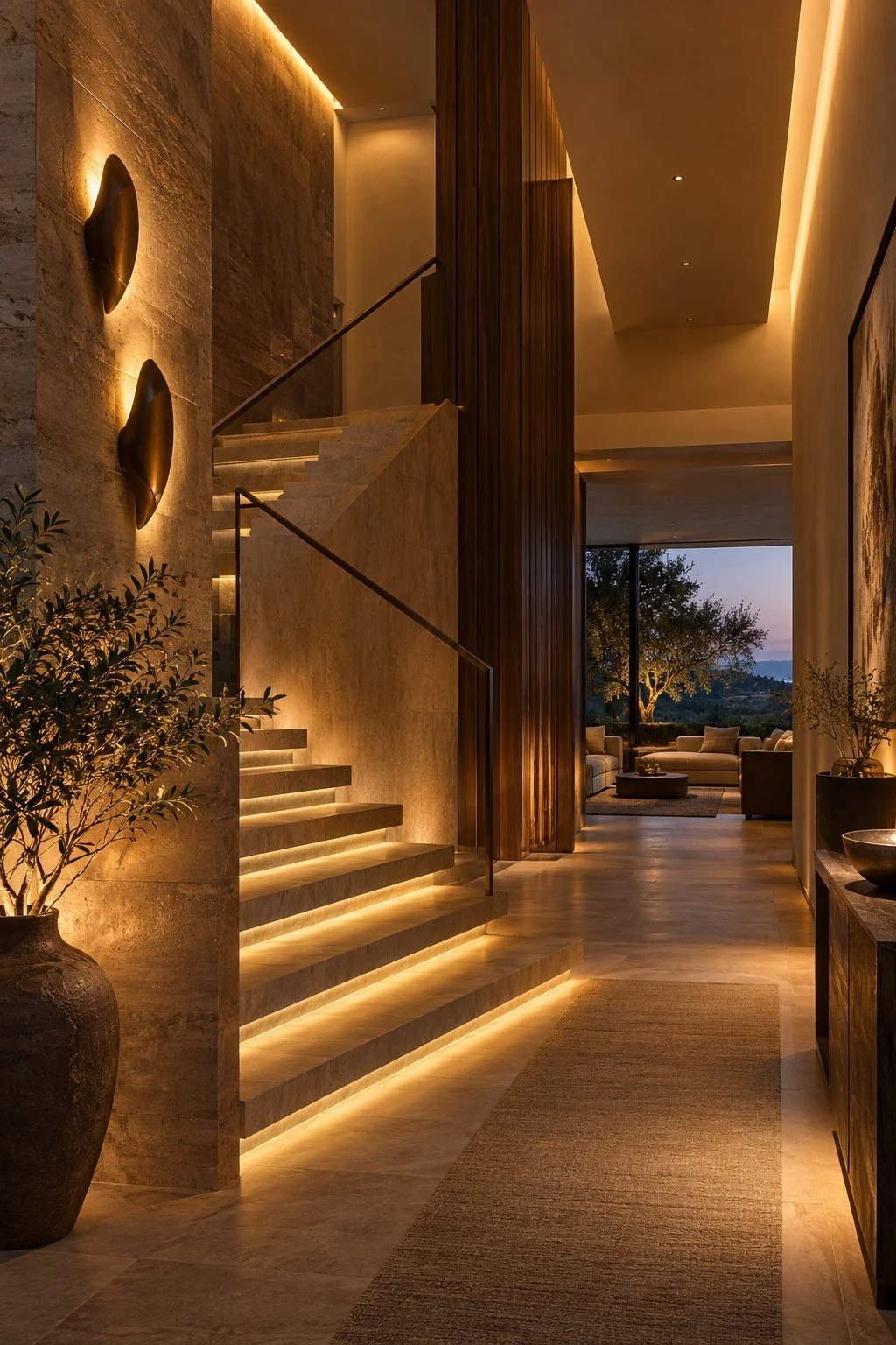 Warm stair, cove, and wall lighting in a luxury home