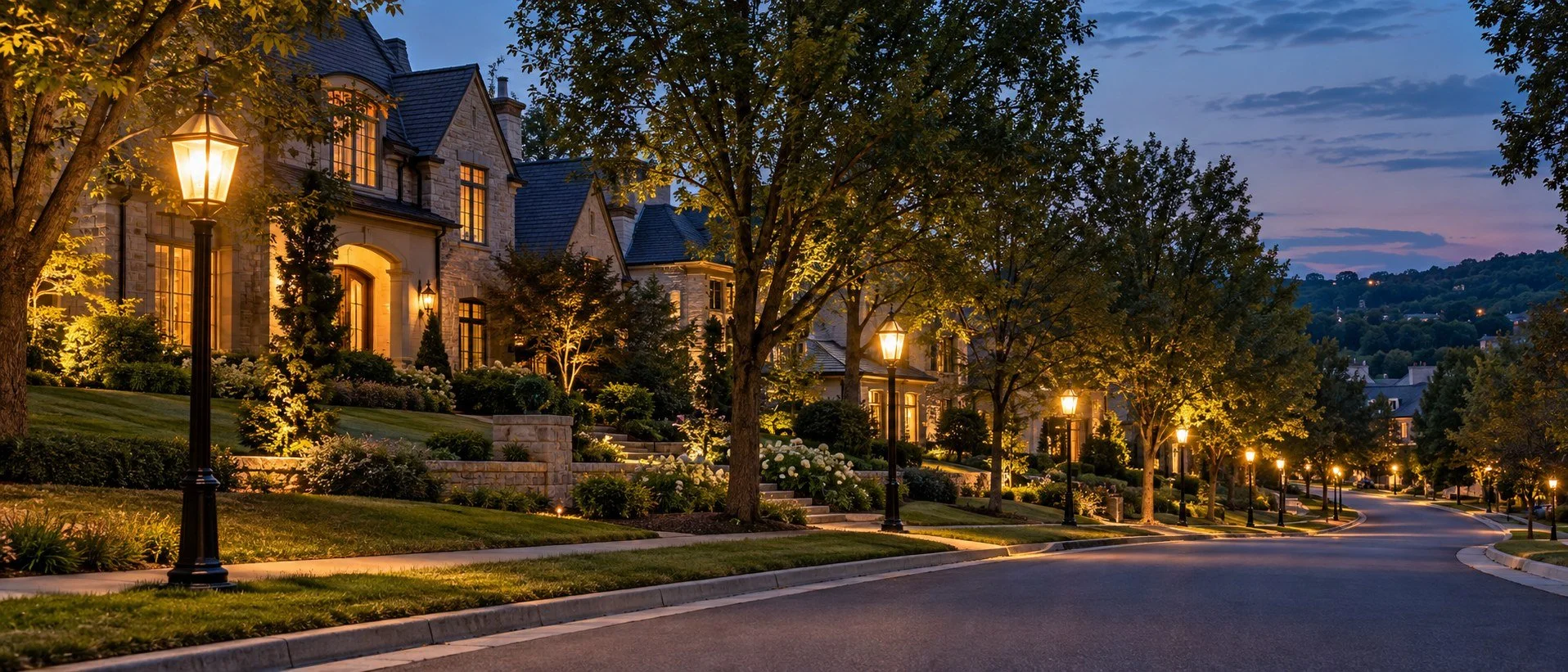 Luxury neighborhood street at dusk with warm glowing post lights and landscaped homes