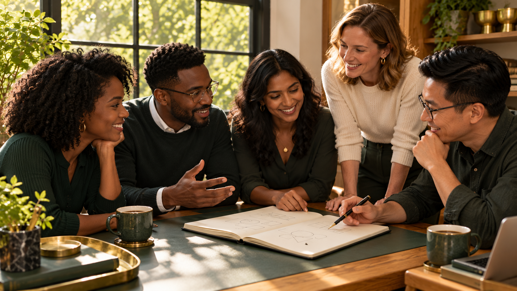 A diverse group of five people gathered around a table in a well-lit room, engaged in a discussion over an open sketchbook.
