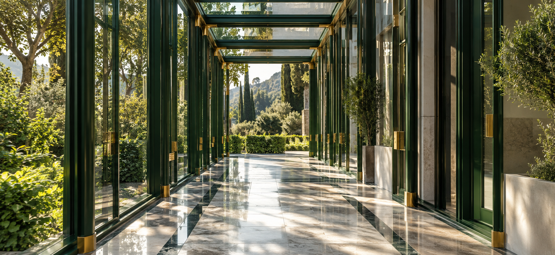 Sunlit glass corridor with green metal framing and potted plants, leading to an outdoor garden with trees and bushes.