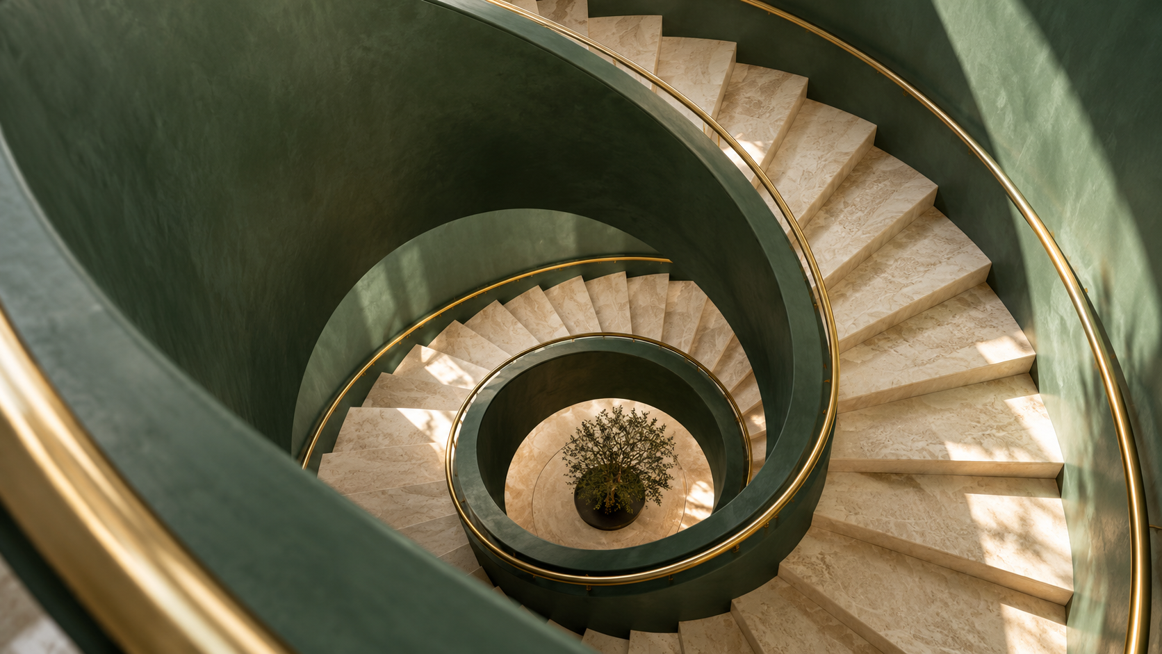 Spiral staircase with beige marble steps, green walls, and gold handrails, viewed from above with a potted plant at the bottom.