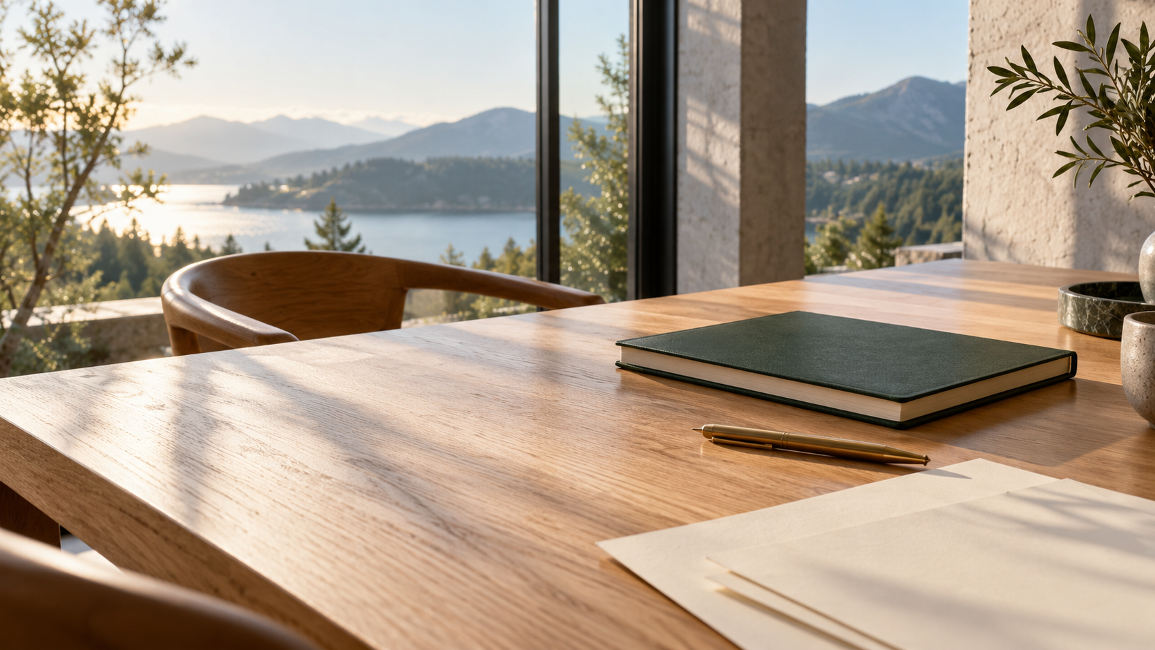 A wooden desk with a closed green notebook, a pen, some papers, and a potted plant, overlooking a lake and mountains through large glass windows.