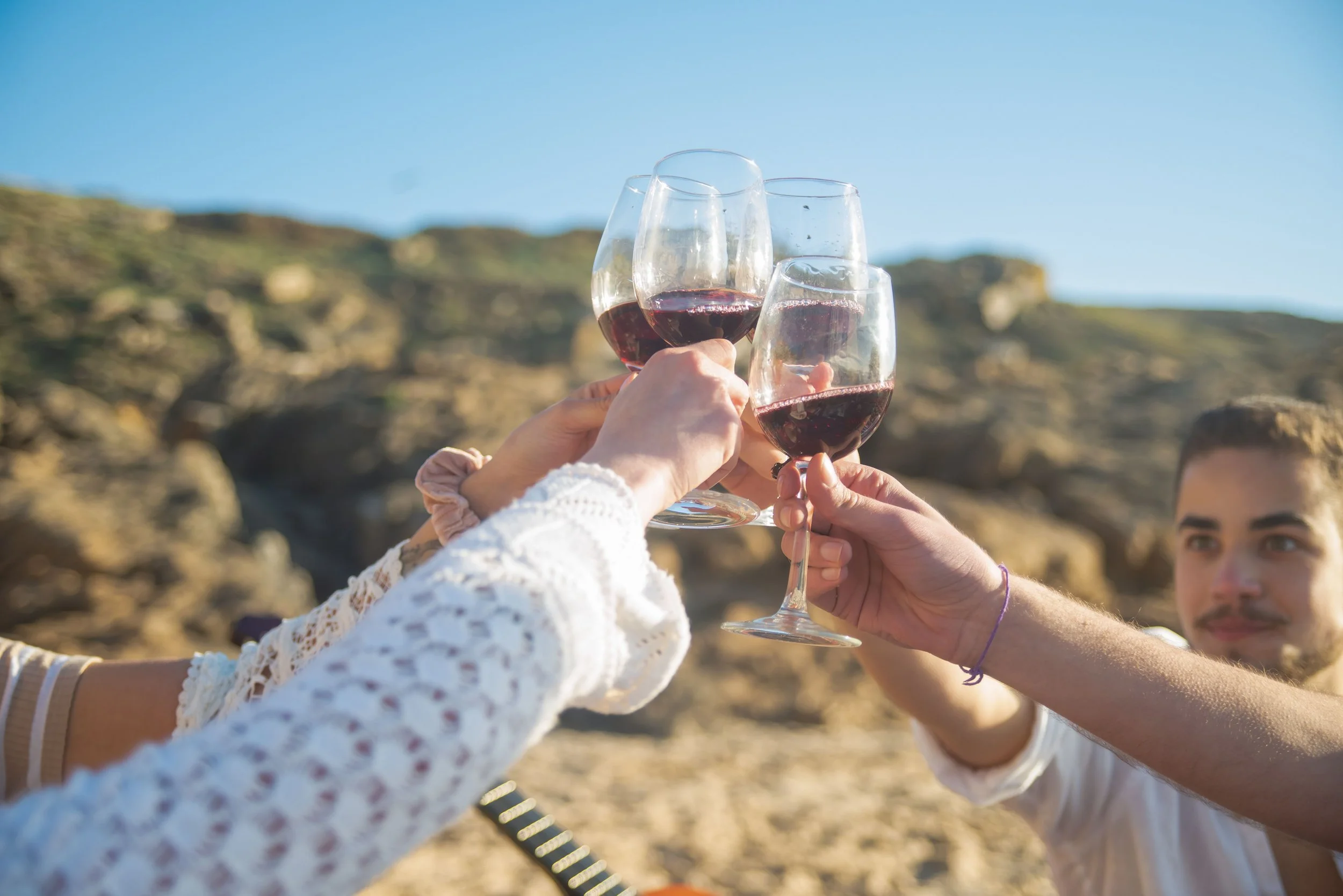 Group of people clinking glasses with red wine outdoors against a backdrop of rocky terrain and a clear blue sky.