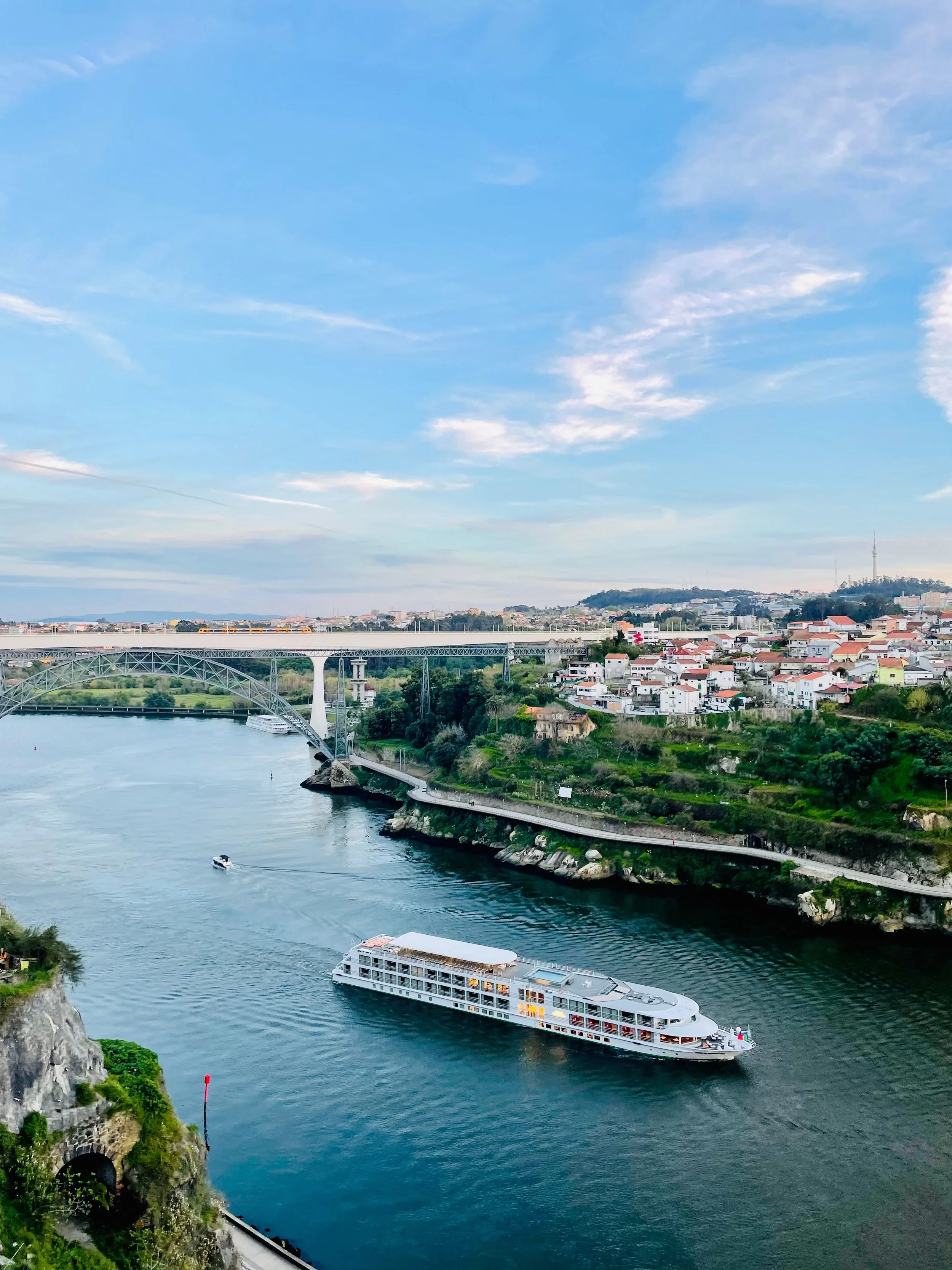River cruise ship sailing past a European riverside town.