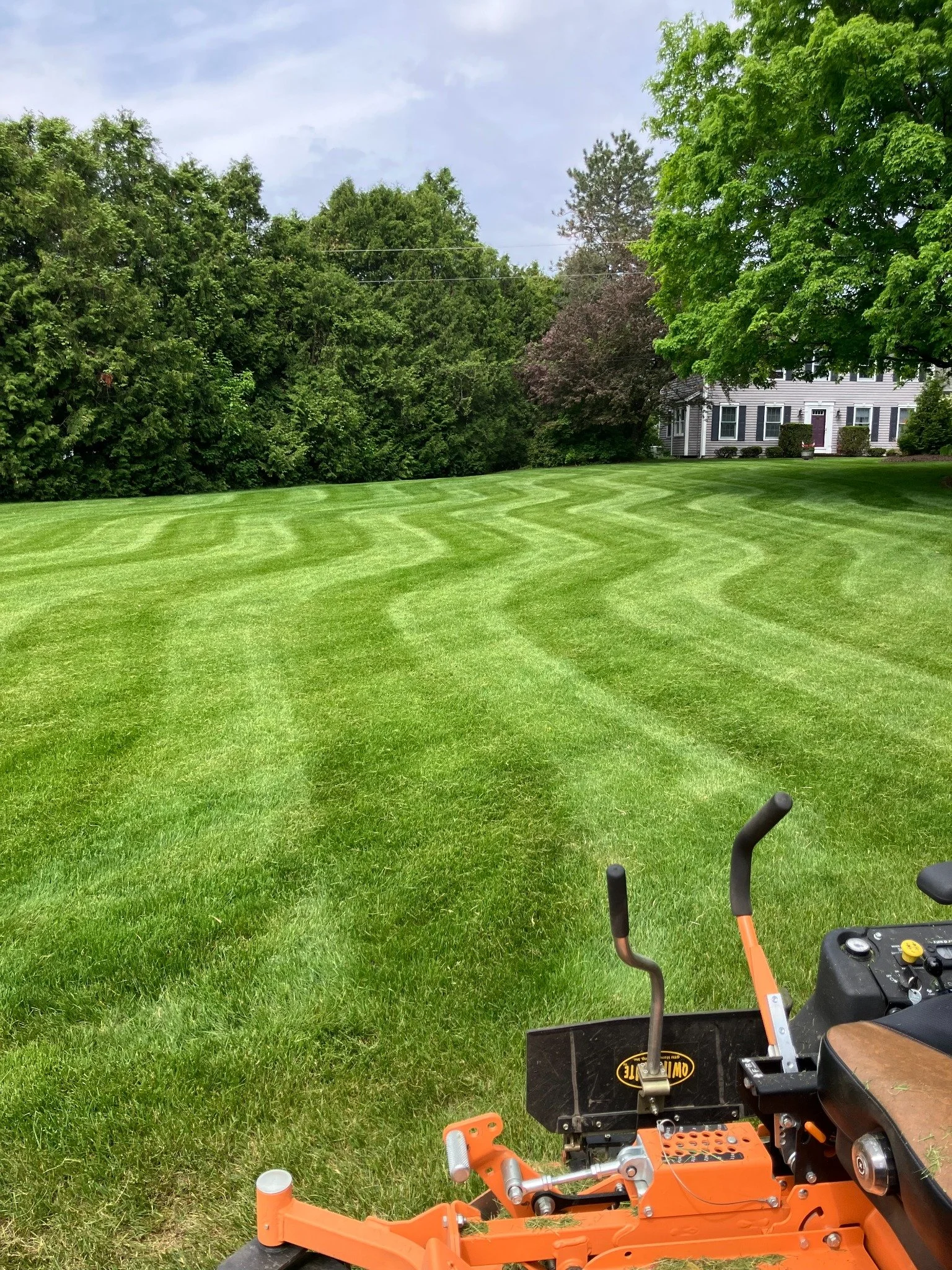 Catamount Mowing orange mower on a striped residential lawn
