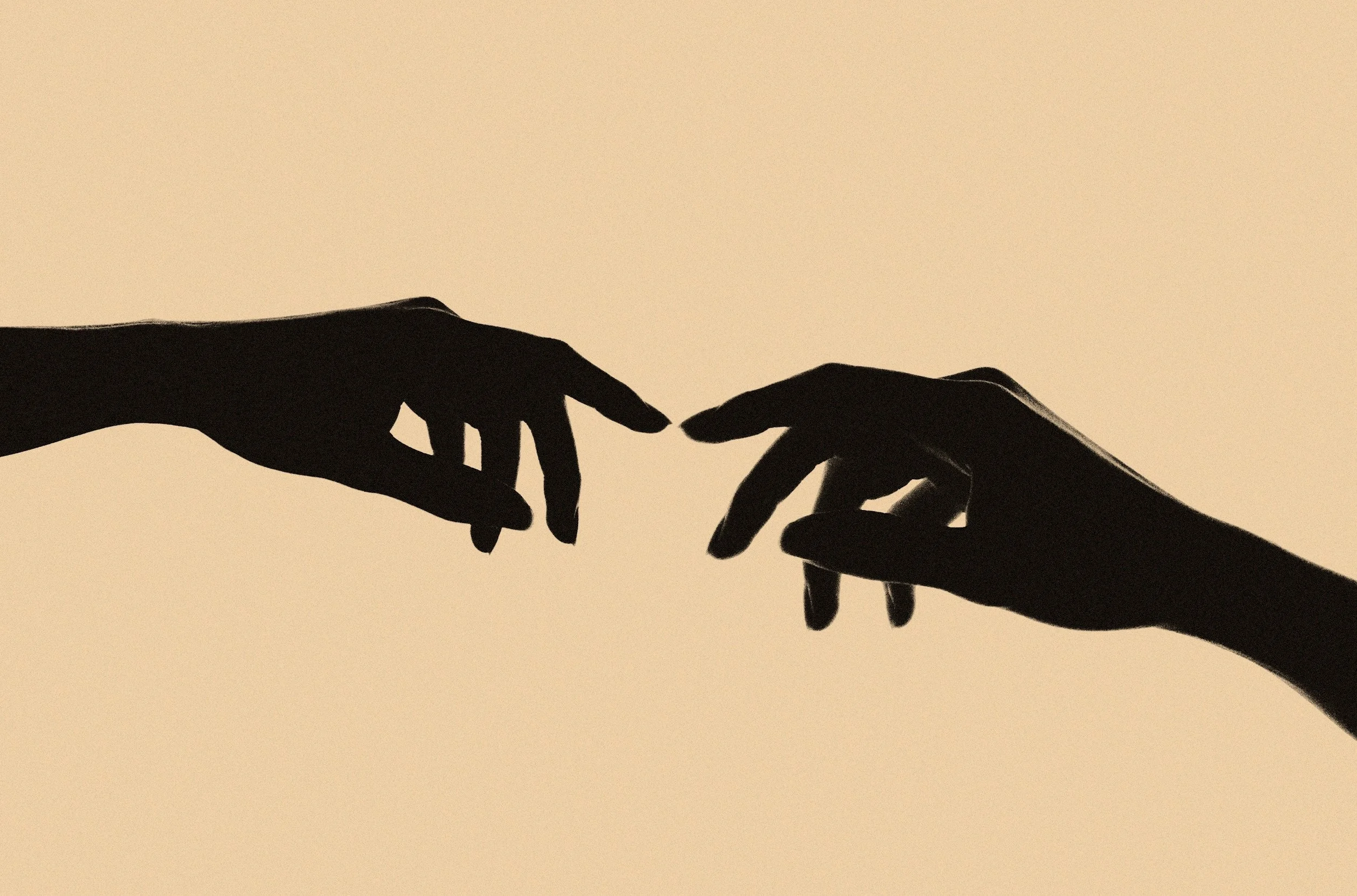 Silhouette of two hands reaching toward each other against a beige background.
