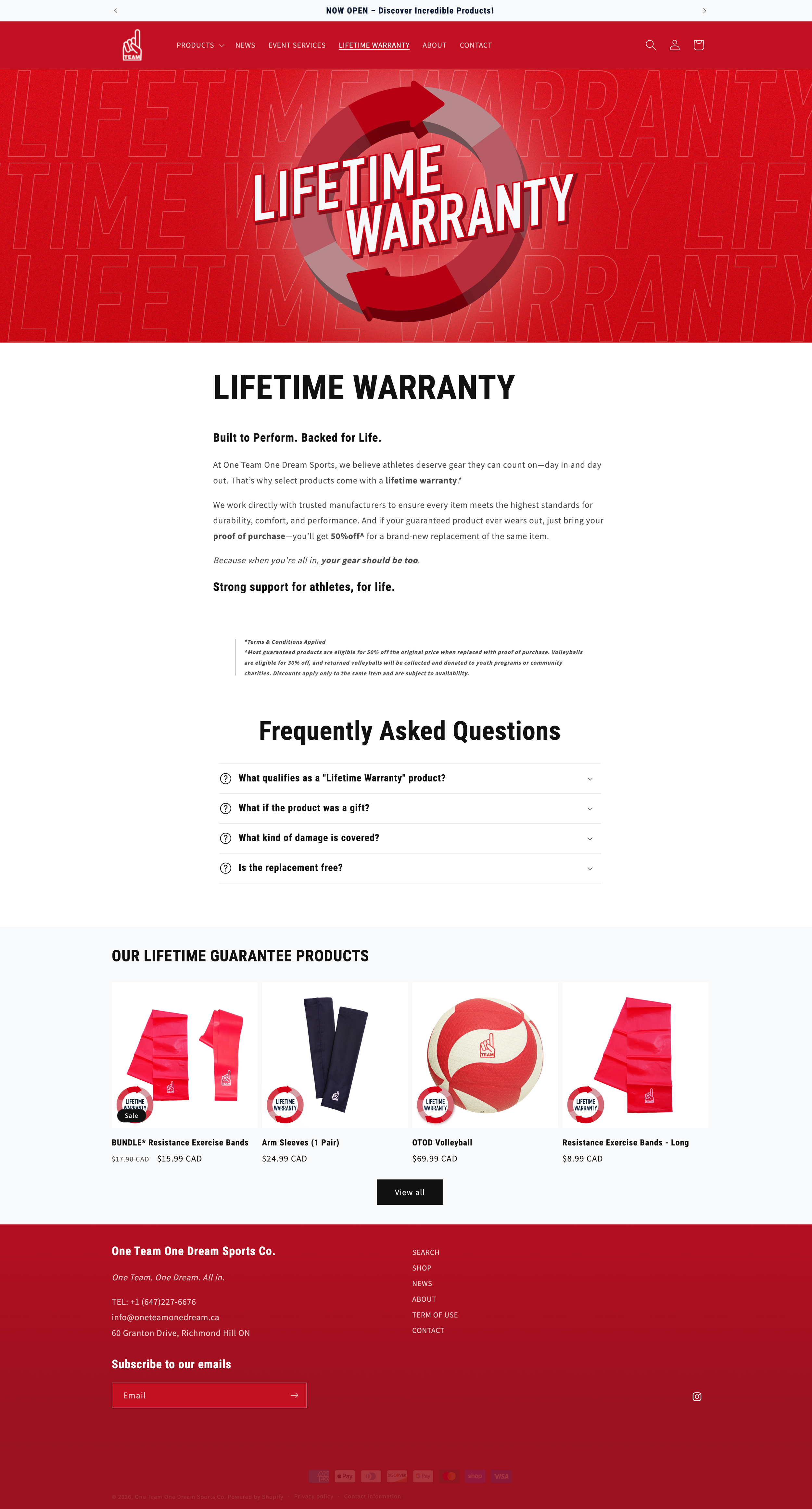 One Team One Dream Website - Lifetime Warranty Page