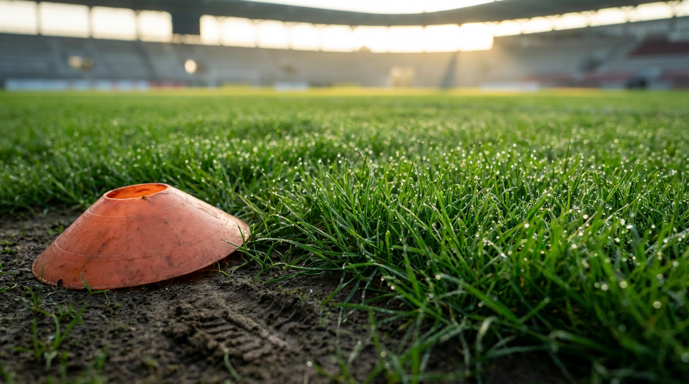 Close-up of a soccer field with a corner flag marker in the foreground, dew-covered grass, and stadium seating in the background at sunrise.