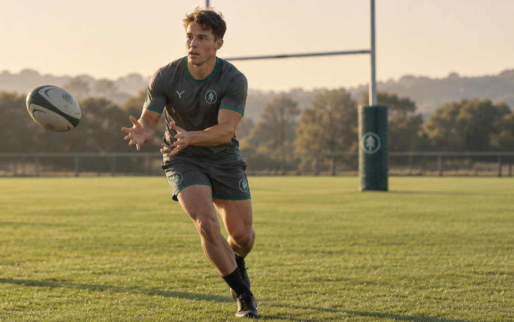 A young male rugby player in a dark green uniform catches a rugby ball on a grassy field during sunset.