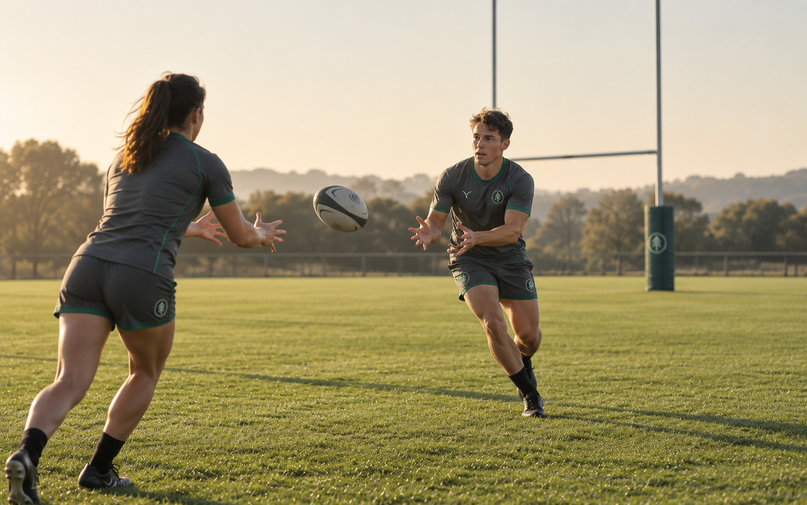 Two young rugby players practice catching a rugby ball on a field during sunset.