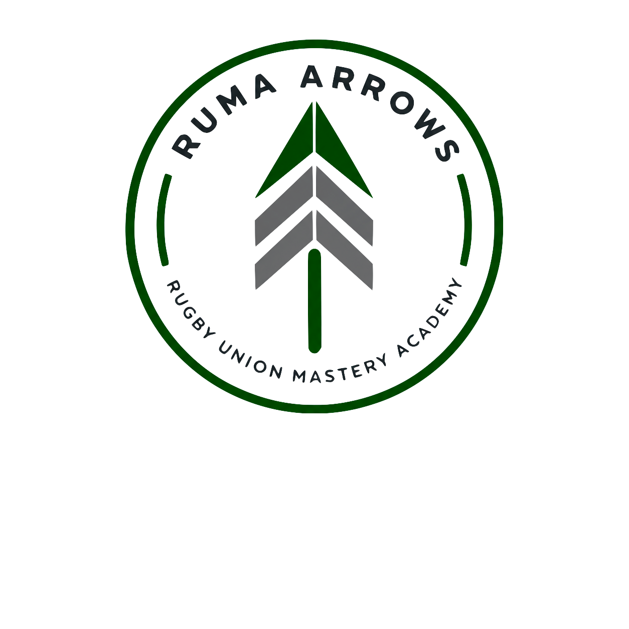 Logo of the Ruma Arrow's RUGBY UNION MASTERY ACADEMY, featuring a green arrowhead and chevron symbols surrounded by a green circular border with the organization name.