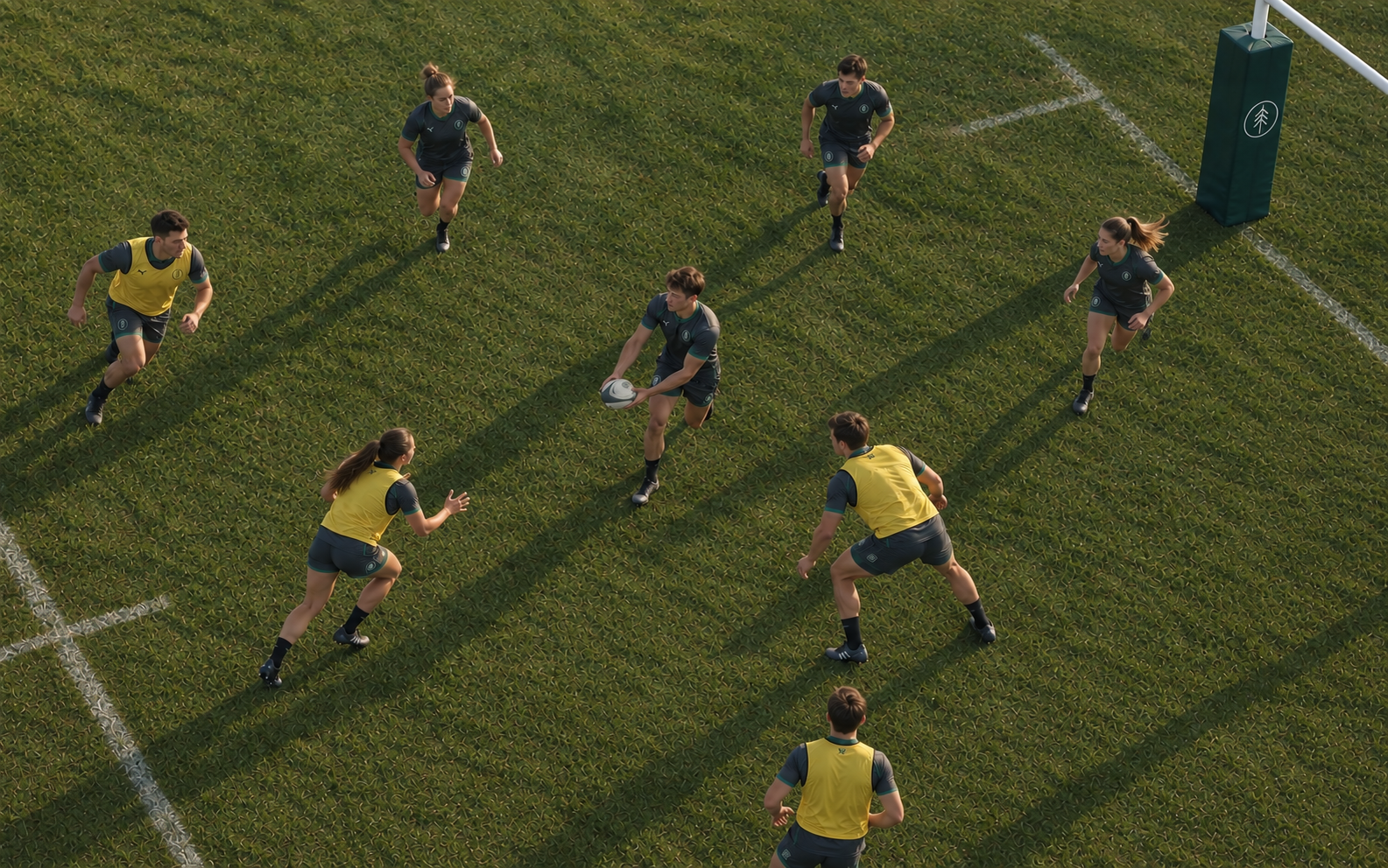 A rugby practice session with players passing and preparing to catch the ball on a grassy field.