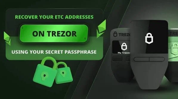 Graphic promoting Trezor hardware wallet, showing two wallets and padlock icons, with green text reading 'Recover Your ETC Addresses on Trezor Using Your Secret Passphrase'.