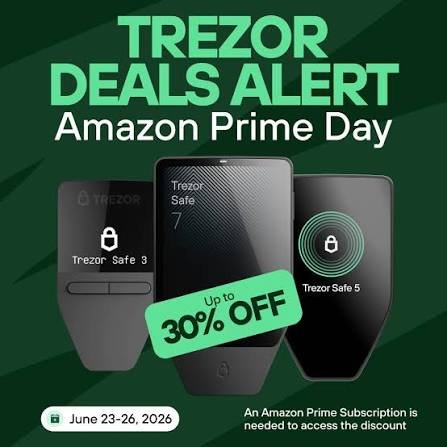 Green background advertisement for Trezor deals alert on Amazon Prime Day, featuring three Trezor hardware wallets with lock icons, a discount of up to 30% off, and dates June 23-26, 2026.