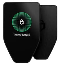 Trezor Safe 5 hardware cryptocurrency wallet with a lock icon on the screen