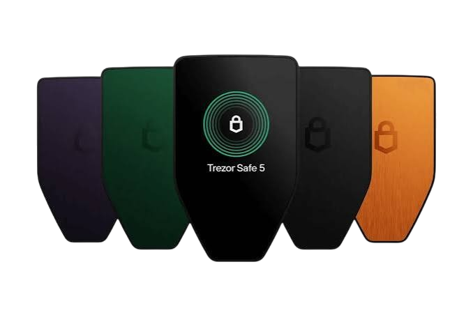 Collection of Trezor hardware wallets in different colors, with one centered display showing a lock icon and 'Trezor Safe 5' text.
