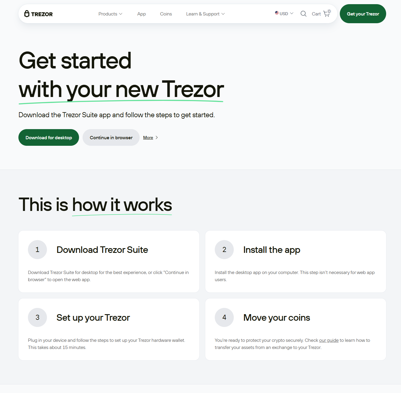 Screenshot of the Trezor website showing instructions for getting started with a new Trezor cryptocurrency hardware wallet, including steps to download the software, install the app, set up the device, and move coins.