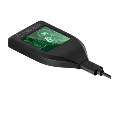 A Trezor hardware cryptocurrency wallet showing a Bitcoin symbol on its screen.