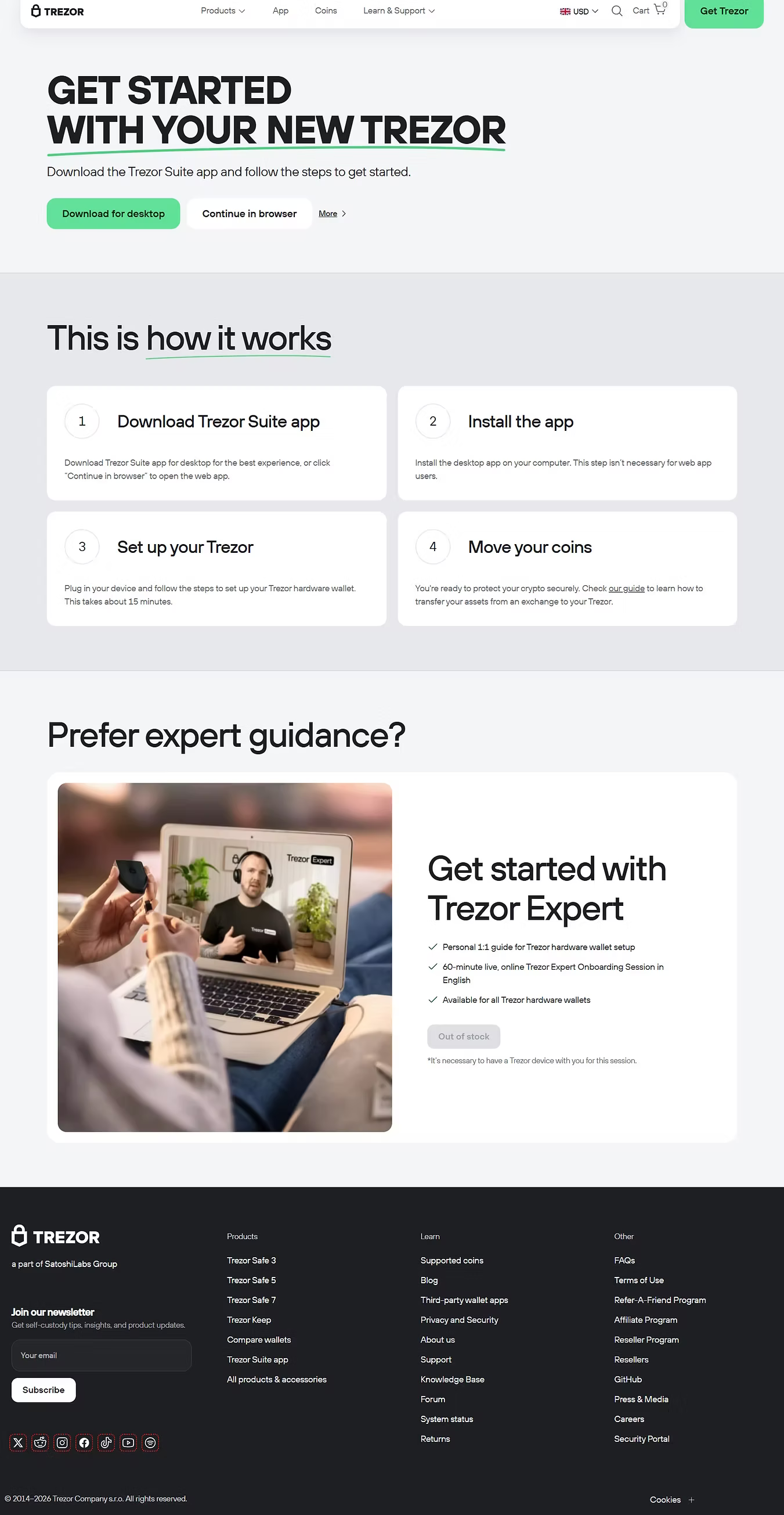 Screenshot of Trezor website showing instructions for setting up a Trezor hardware wallet, with a section promoting Trezor Expert guidance featuring a person on a video call on a laptop.