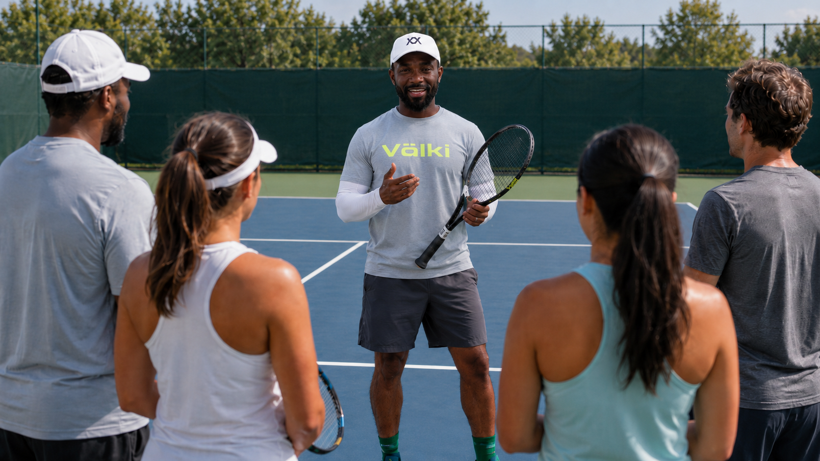 Tennis coach leading a group lesson on an outdoor court