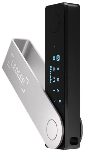 A hardware cryptocurrency wallet with a digital display, buttons, and a circular navigation pad.