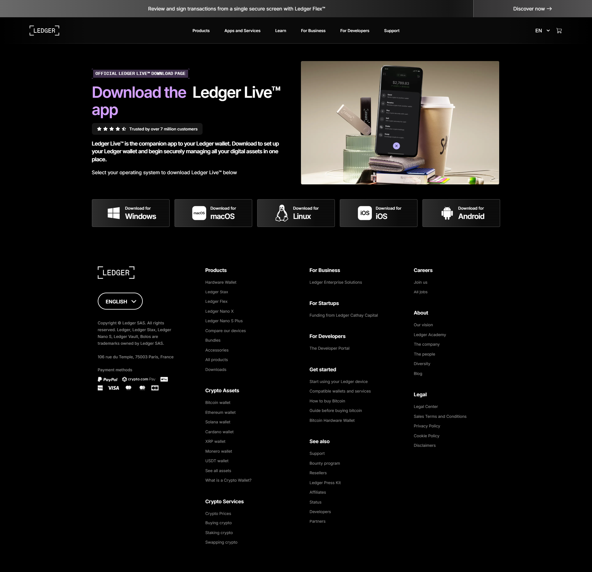 Screenshot of a webpage for Ledger, displaying a large banner to download the Ledger Live app on various operating systems including Windows, macOS, Linux, iOS, and Android. The webpage features navigation links at the top and other site content below.