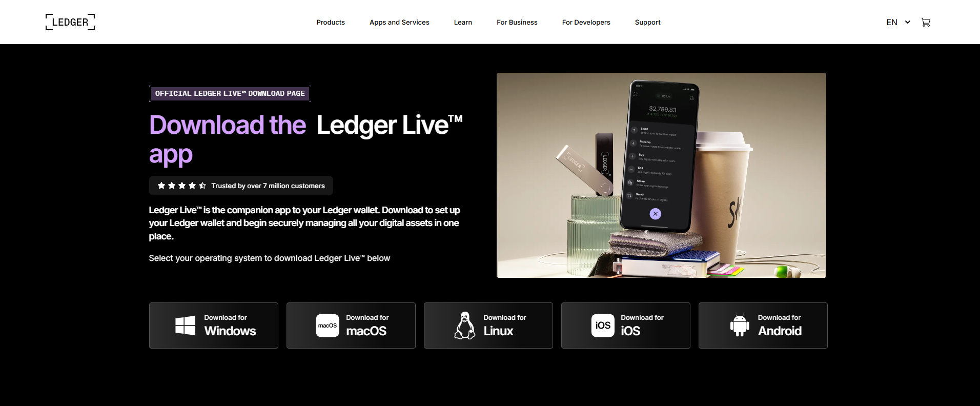A webpage promoting the Ledger Live app, with download options for Windows, macOS, Linux, iOS, and Android. The page features a large smartphone image showing the app interface and a Ledger hardware wallet. The top navigation includes links for Products, Apps and Services, Learn, For Business, For Developers, and Support.
