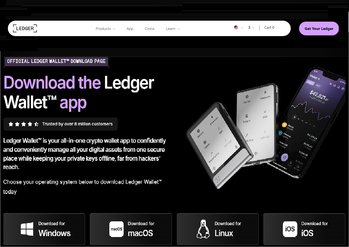 Ledger Wallet app download page showing smartphones with digital wallet interfaces, download options for Windows, macOS, Linux, and iOS, and promotional text highlighting the app's features.