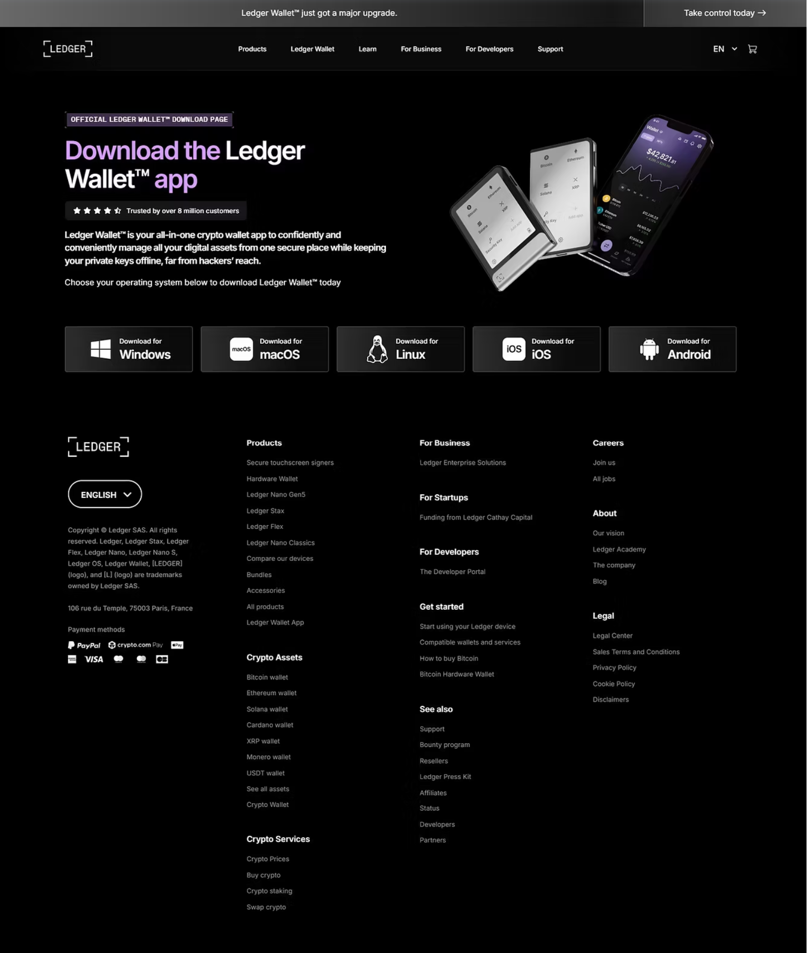 Screenshot of Ledger's website homepage, displaying options to download the Ledger Wallet app for various operating systems, including Windows, macOS, Linux, iOS, and Android, with a black background and images of smartphones on the right.