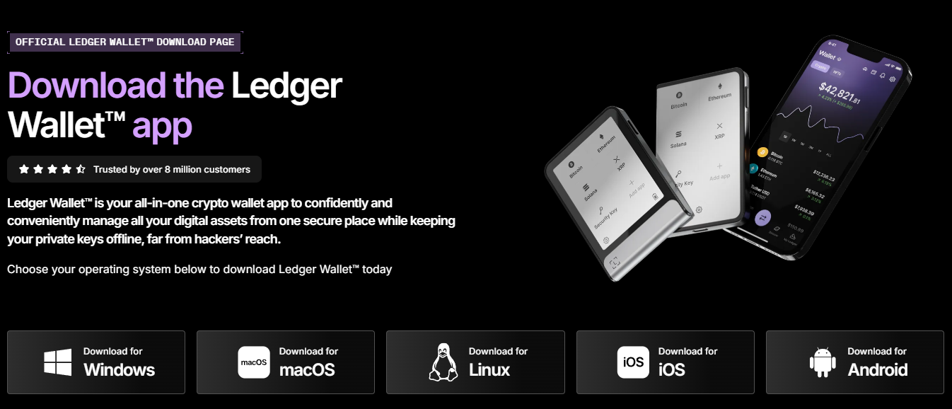 Advertisement for Ledger Wallet app download available for Windows, macOS, Linux, iOS, and Android, with mobile phones displaying cryptocurrency wallet interfaces.
