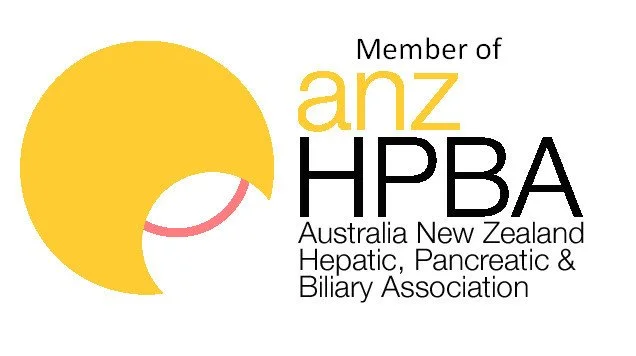 Logo of the Australia New Zealand Hepatic, Pancreatic & Biliary Association featuring a large yellow circle, a small red and white curved shape, and the text 'Member of anz HPBA Australia New Zealand Hepatic, Pancreatic & Biliary Association'.